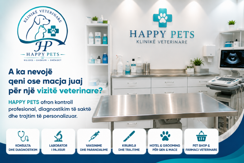 A ka nevojë qeni ose macja juaj për një vizitë veterinare? HAPPY PETS ofron kontroll profesional, diagnostikim të saktë dhe trajtim të personalizuar.